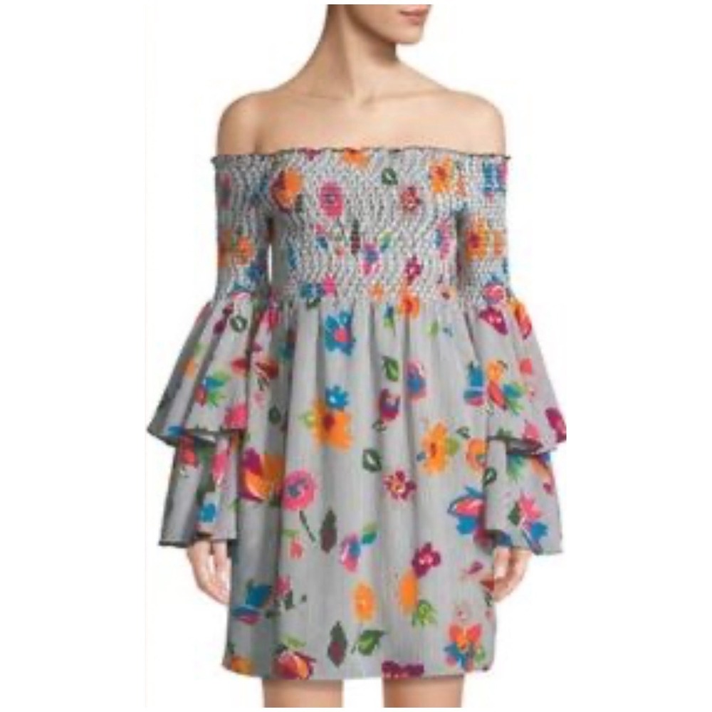 Nicole Miller Floral Striped Smocked Off Shoulder‎ Bell Sleeve Dress Size 10